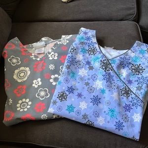 Two printed scrub tops- gently worn
